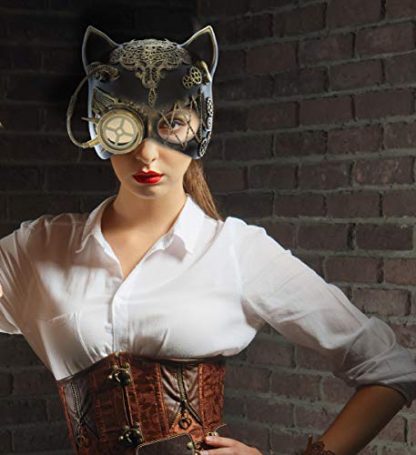 Gilded Steampunk Cat Ears Eye Mask with Robot Monocle - Image 6