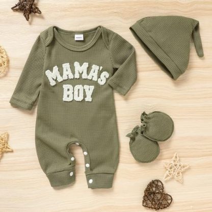 Delightful Newborn Baby Boy 3-Piece Outfit Set with Printed Romper, Hat, and Gloves - Image 2