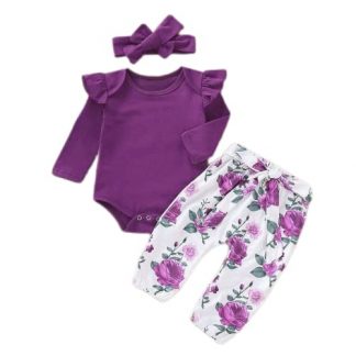 "Charming Newborn and Infant Girl's Ensemble: Ruffled Romper, Floral Pants, and Headband"