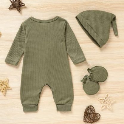 Delightful Newborn Baby Boy 3-Piece Outfit Set with Printed Romper, Hat, and Gloves - Image 3
