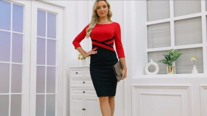 Sophisticated Slim-Fit Colorblock Office Dress with Crisscross Waist Detail - Image 7