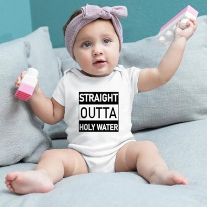 "Straight Outta Holy Water" Baby Bodysuit for Christenings and Baptisms - Image 2