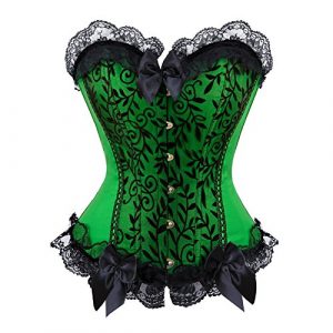 Women's Floral Corset with Black Lace Trim - Satin Overbust Waist Cincher