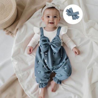 Autumn Chic Newborn Baby Girl Corduroy Floral Onesie with Ruffle Detail - Image 2