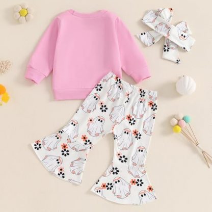 Adorable Toddler Girl's Halloween Ensemble with Ghost Print and Bell Bottoms - Image 3