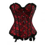 Women's Floral Corset with Black Lace Trim: Overbust Waist Cincher Bustier Top