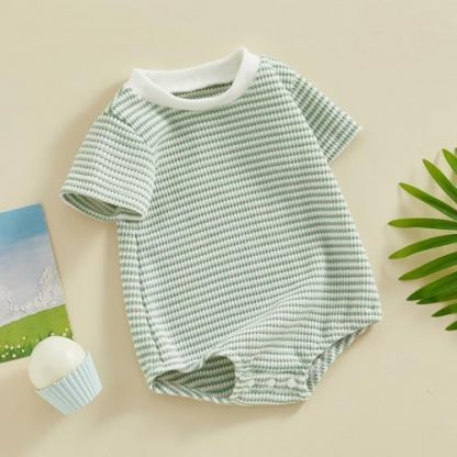 Unisex Baby Striped Romper: Waffle Fabric Short Sleeve Bubble Romper - Image 3