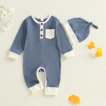 Adorable Newborn Baby Boy Color-Spliced Knit Bodysuit & Hat Set - Image 2