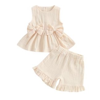 Adorable Toddler Girl's Summer Ensemble in Linen with Bows and Ruffles