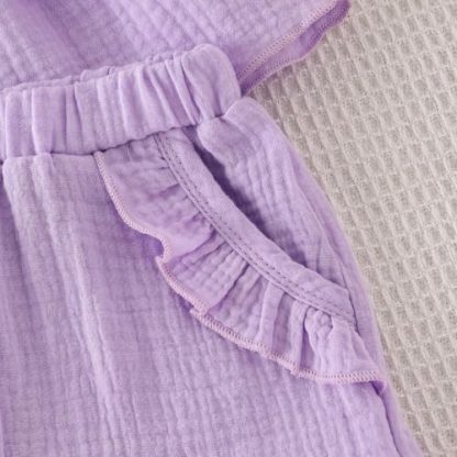 "Charming Summer Outfit for Toddler Girls: Bow-Adorned Sleeveless Top and Ruffle Shorts Set" - Image 6
