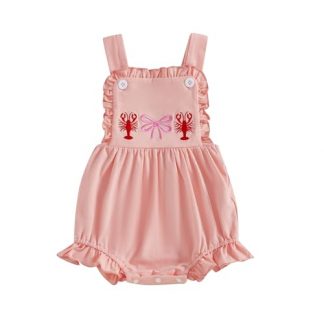 Adorable Crawfish Embroidered Baby Girl Romper with Ruffles
