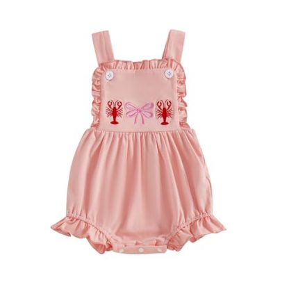 Adorable Crawfish Embroidered Baby Girl Romper with Ruffles