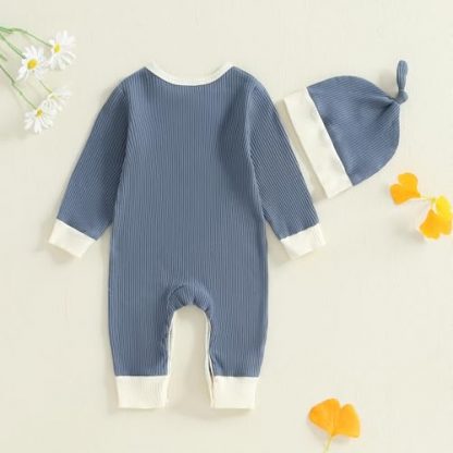 Adorable Newborn Baby Boy Color-Spliced Knit Bodysuit & Hat Set - Image 3