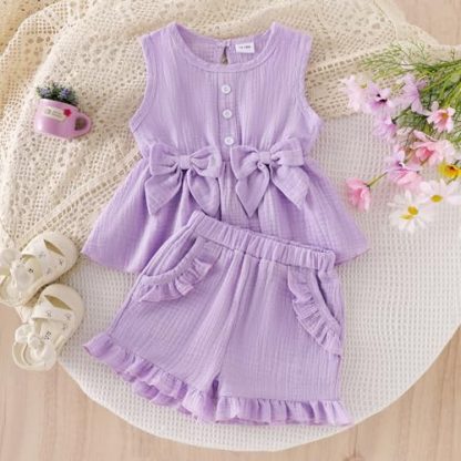 "Charming Summer Outfit for Toddler Girls: Bow-Adorned Sleeveless Top and Ruffle Shorts Set" - Image 2