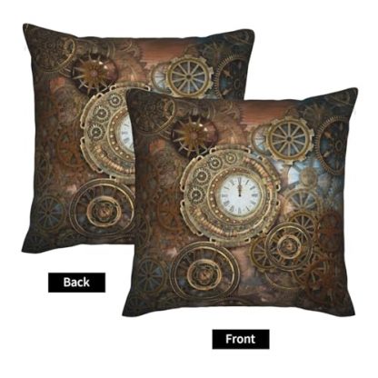 Set of 2 Steampunk-Inspired Throw Pillow Covers with Rusty Clock and Gear Design, 18x18 - Image 4