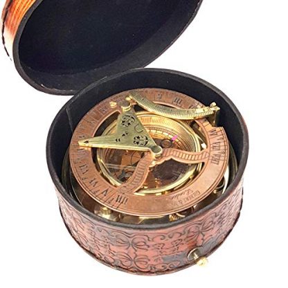 Vintage Brass & Copper Nautical Sundial Compass with Leather Box - Image 3