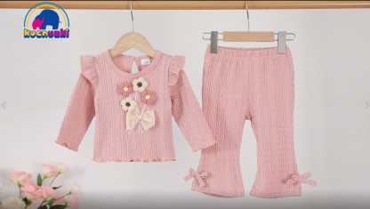 Adorable Toddler Two Piece Outfit with Ruffle T-Shirt and Bell Bottom Pants - Image 7