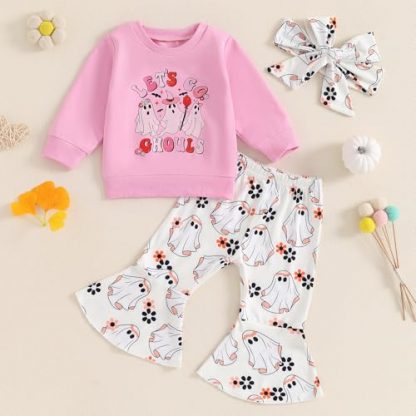 Adorable Toddler Girl's Halloween Ensemble with Ghost Print and Bell Bottoms - Image 2