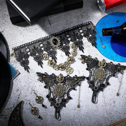 Quintessential Steampunk Accessory Set: Gear Choker, Bracelets, and Vintage Earrings - Image 6