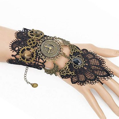 Vintage Steampunk Fingerless Lace Gloves with Rhinestone Ring - Image 4