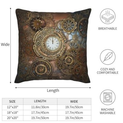 Set of 2 Steampunk-Inspired Throw Pillow Covers with Rusty Clock and Gear Design, 18x18 - Image 3