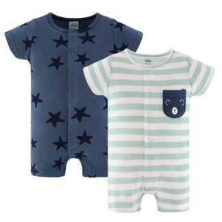Twin Pack Soft Cotton Baby Boy Rompers - Blue Star Design
