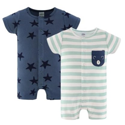 Twin Pack Soft Cotton Baby Boy Rompers - Blue Star Design