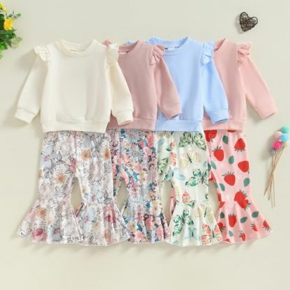 Adorable Toddler Girl's Long Sleeve Outfit with Floral Bell Bottom Pants - Image 2