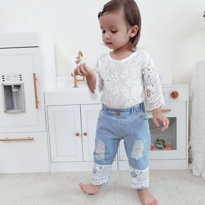 Blossom Chic Baby Girl Outfit Set with Romper Top and Jeans - Image 2
