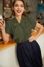 Summer Elegance: Short Sleeve Office Blouse with Bow Tie - Image 3