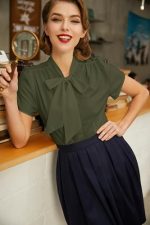 Summer Elegance: Short Sleeve Office Blouse with Bow Tie - Image 3