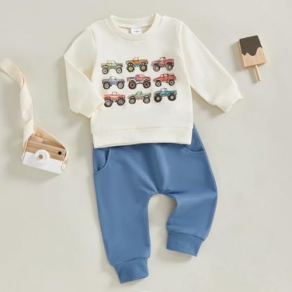Charming Toddler Boy's Winter Outfit with Crewneck Sweatshirt and Pants - Image 2