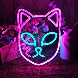 Demon Fox Face Neon Sign, Japanese Anime Slayer Neon Light for Wall Decor, Bedroom, Game Room, Birthday Party, Dimmable, USB Powered, Pink, Ice Blue(11.8"x9.2")