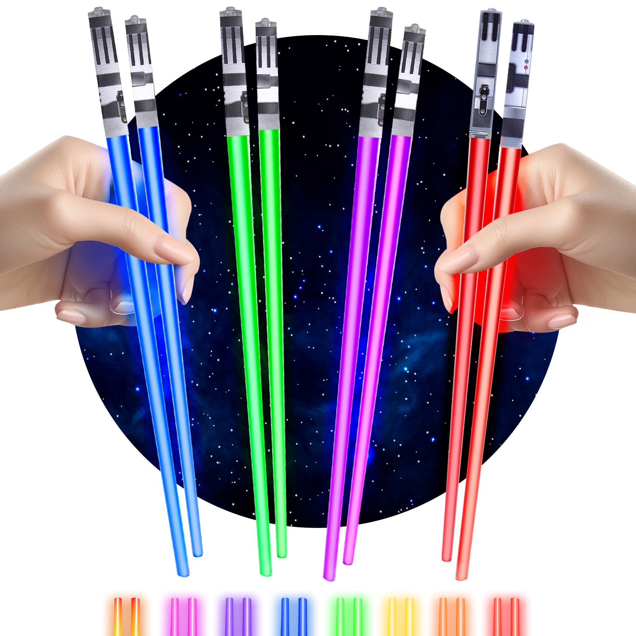 Lightsaber Chopsticks Star Wars Light Up - LED Glowing Light Saber Chop Sticks - Reusable Sushi Lightup Sabers Chopstick Set Of 4 Pairs - Blue & Red & Green & Purple