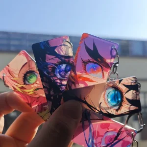 Anime Demon Slayer Keychain Rengoku Kyoujurou Kimetsu No Yaiba Shining Eyes Double Sided Light-Transmitting Key Backpack Pendant